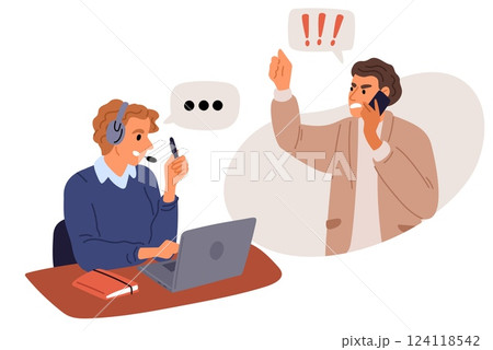 Customer service worker speaks to angry man. Hotline communication. Operator talking with shouting irritated client. Telephone contact. Helpdesk manager. Phone quarrel. Vector concept 124118542