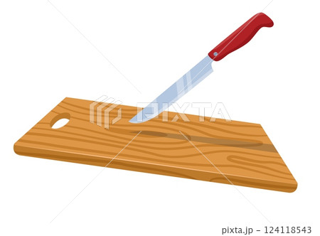 Cutting board with kitchen knife. Wooden kitchen chopping planes. Food preparation. Domestic blade. Cooking tools. Utensils for sliced products. Culinary dishes. Vector household cookery 124118543