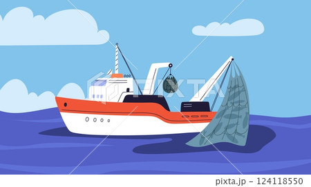 Fishing ship catches fish in ocean with nets. Fisherman marine trawler. Fisher motorboat. Industrial fishery. Cargo tugboat with trawl tackle. Sea schooner transportation. Vector seascape 124118550