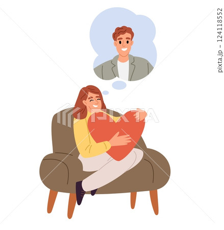 Girl in love hugs heart and thinks her beloved. Romantic relationship. Woman sitting on armchair and dreaming about boyfriend. Romance and passion. Separation of lovers. Vector concept Girl in love hugs heart and thinks her beloved. Romantic relationship. Woman sitting on armchair and dreaming about boyfriend. Romance and passion. Separation of lovers. Vector concept 124118552