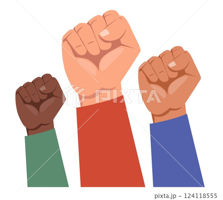 Hands clenched into fists as symbol of protest or struggle. Social movement. Riot gesture. Demonstration and resistance. Fight for solidarity and equality. Raised arm. Vector concept 124118555
