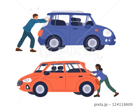 Man and woman pushing their broken down cars. Road accident. People press with efforts. Breakdown automobile. Problem with motor or gasoline. Driver pulling vehicle. Vector concept 124118609