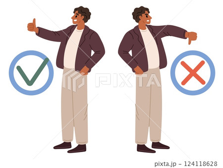 Man gives thumbs up or down. Hand gesture. Agree and disagree. Approve and reject. Vote choice. Positive or negative expression. Confirm finger. Correct and wrong answer. Vector concept 124118628