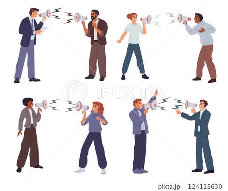 Men and women fight with each other using megaphone. Public speakers. Agitators shouting into loudspeakers. Demonstration activist. Promoters speech. Marketing challenge. Vector concept 124118630