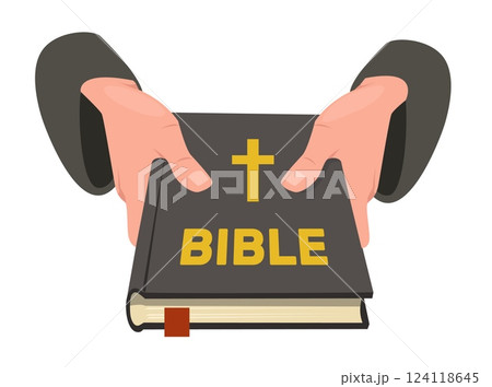 Priest holds bible in hands. Holy book giving to prayers. Jesus crucifix. Gospel reading. Pastors arms gesture. Christianity confession. Biblical literature. Vector religious concept Priest holds bible in hands. Holy book giving to prayers. Jesus crucifix. Gospel reading. Pastors arms gesture. Christianity confession. Biblical literature. Vector religious concept 124118645