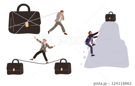 Businessmen with briefcases. Man overcoming obstacles. Business bag. Climb mountain. Office worker balancing on rope. Guy pulling big handbag with cable. Vector leadership concepts set 124118662