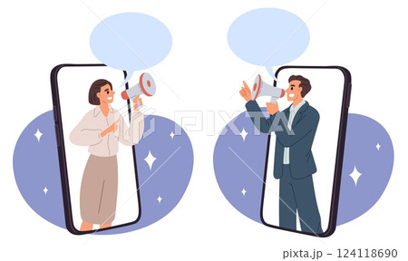 Online advertising. Marketing message. Promotion announcement. Smartphone screen. People with megaphones. Digital technology. Social medial promo. Internet advertisement. Vector concept Online advertising. Marketing message. Promotion announcement. Smartphone screen. People with megaphones. Digital technology. Social medial promo. Internet advertisement. Vector concept 124118690