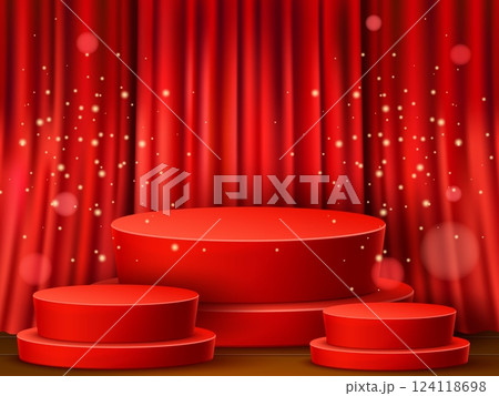 Realistic red podiums. Stage curtain. Presentation pedestal. Cylinder platforms. Golden glitter sparks. Scarlet drapery. Concert scene. Luxury showcase. Vector exhibition background drape Realistic red podiums. Stage curtain. Presentation pedestal. Cylinder platforms. Golden glitter sparks. Scarlet drapery. Concert scene. Luxury showcase. Vector exhibition background drape 124118698