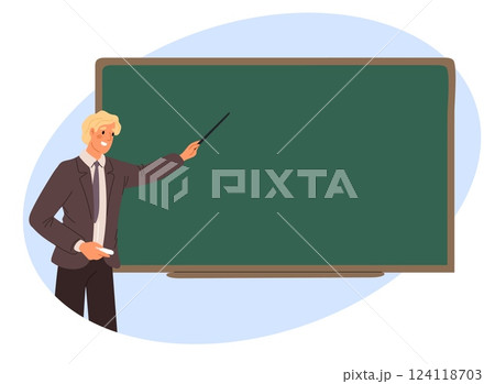 Teacher at blackboard. Man standing in front of class chalkboard. Professor explaining lesson. Professional instructor showing at classroom board. Academic training. Vector concept Teacher at blackboard. Man standing in front of class chalkboard. Professor explaining lesson. Professional instructor showing at classroom board. Academic training. Vector concept 124118703