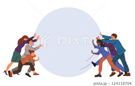 Two teams push balloon against each other. Businessman pulling heavy sphere with power efforts. Business teamwork. Businessmen challenge. People perseverance. Hard work. Vector concept 124118704