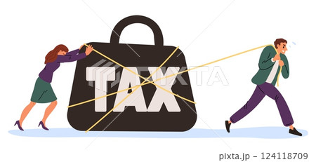 Burden taxes for young family. Couple pulling duty weight. Debt payment. Overload people paying money for credit. Banking loan payment. Economy crisis and recession. Vector concept Burden taxes for young family. Couple pulling duty weight. Debt payment. Overload people paying money for credit. Banking loan payment. Economy crisis and recession. Vector concept 124118709