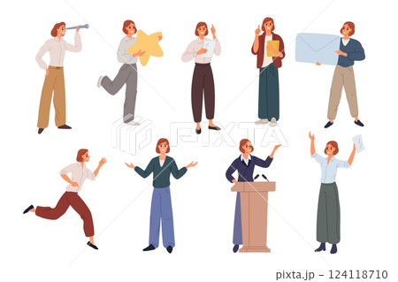 Business lady character. Woman in office clothes. Different emotions or actions. Rush run. Businesswoman makes speech at tribune. Feedback star. Looking at spyglass. Garish vector set 124118710