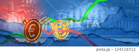 currency exchange rate background. bullish position of bitcoin to euro. finance background for news. 3D illustration of forex market trading. digital economy and stock analysis concept 124118713