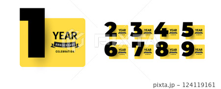 Modern anniversary celebration design set with bold numbers and stylish typography on yellow backgrounds for business milestones, corporate branding, birthday event. Vector illustration 124119161