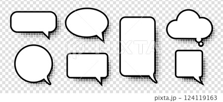 Blank comic speech and thought bubbles with halftone effects set. Classic retro pop-art style for dialogue, storytelling, comics, cartoons, and creative designs. Vector illustration. 124119163