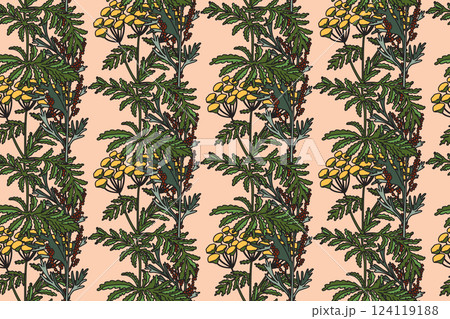 Botanical plant seamless pattern with flowers vector illustration. Repeating floral pattern in pink pastel color background. Graphic design for Fashion Cover Textile Birthday Greeting Card Invitation 124119188