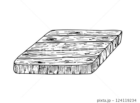 Vector wooden cutting board. Graphic ink kitchen tool illustration for baking creations, isolated on background. Hand drawn line sketch. For designers, prints, logo, icon, menu, postcards, holiday 124119234