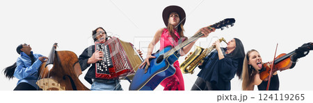 Set of three people, young guy playing accordion and two women performing with violin, guitar and double bass on white background. 124119265
