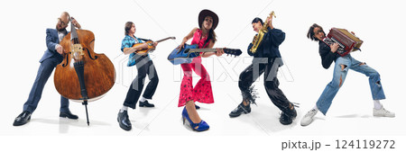Collage made with people playing different music instruments with energy and passion against white background 124119272