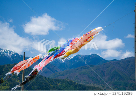【初夏素材】大空を泳ぐ鯉のぼり【長野県】 124119289