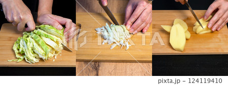 Food collage of vegetable cutting on a wooden board 124119410