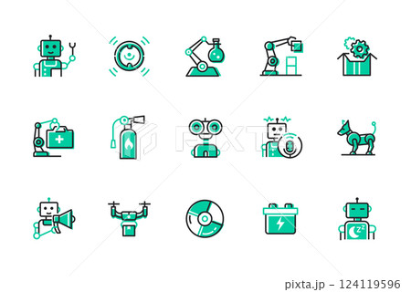 Robots and technology - set of line design style icons 124119596