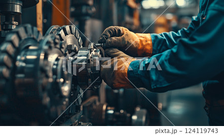 Repairman tightening bolts on an industrial machine, workplace safety gear on 124119743