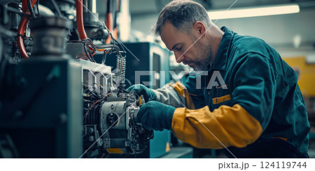 Repairman maintaining an industrial generator, checking mechanical components 124119744