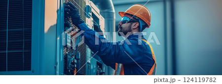 Worker checking an industrial air conditioning unit, adjusting valves and controls Worker checking an industrial air conditioning unit, adjusting valves and controls 124119782