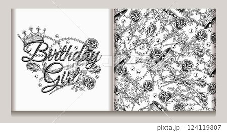 Luxury label, seamless pattern with golden crown, scattered jewelry, pearl necklaces, red roses with stem. Detailed illustration in vintage style. Holiday design Luxury label, seamless pattern with golden crown, scattered jewelry, pearl necklaces, red roses with stem. Detailed illustration in vintage style. Holiday design 124119807