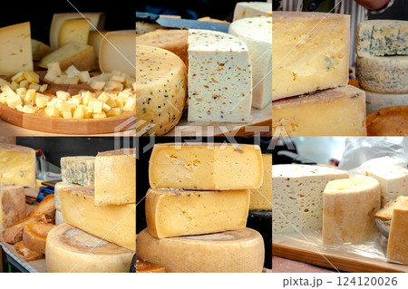 Collage of assorted cheese varieties at a market stall. Composite image. Collage of assorted cheese varieties at a market stall. Composite image. 124120026