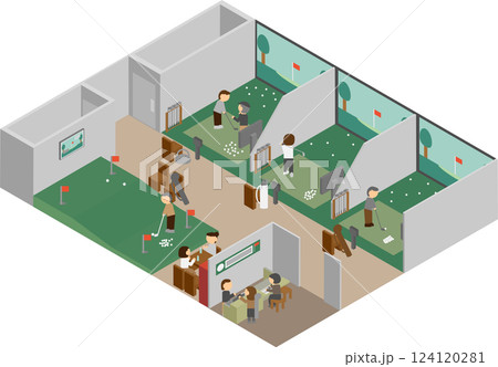 アイソメトリックな室内ゴルフと人のイメージ素材 124120281