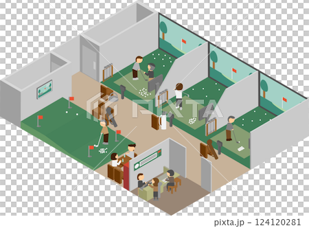 アイソメトリックな室内ゴルフと人のイメージ素材 124120281