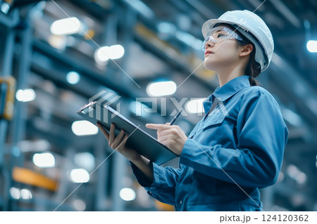 現代の工業エンジニア、防護装備を着用、タブレットでスマートファクトリーの運営を監視 現代の工業エンジニア、防護装備を着用、タブレットでスマートファクトリーの運営を監視 124120362