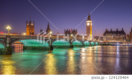 The Houses of Parliament and Big Ben glow against the night sky, with Westminster Bridge elegantly lit. The tranquil river reflects the lights, showcasing London's iconic architecture. The Houses of Parliament and Big Ben glow against the night sky, with Westminster Bridge elegantly lit. The tranquil river reflects the lights, showcasing London's iconic architecture. 124120464