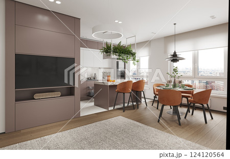 A modern kitchen and dining area 124120564