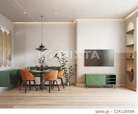 Modern dining area with orange chairs, green plants 124120566