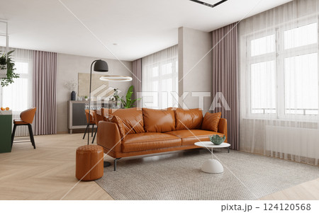 living room with a brown sofa and dining area, wooden floors 124120568