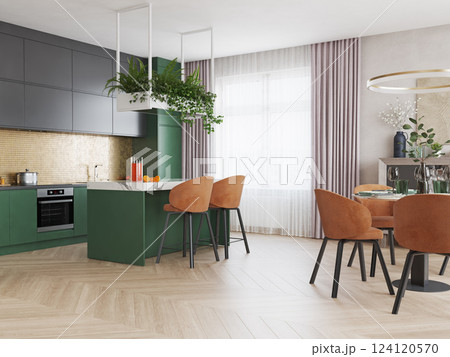 A modern kitchen and dining area A modern kitchen and dining area 124120570