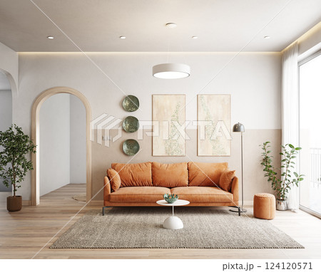 A cozy living room with an orange sofa, 124120571