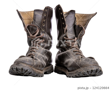 Pair of worn leather boots isolated on transparent background 124120664