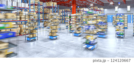Smart automated guided vehicles transporting packages in modern warehouse Smart automated guided vehicles transporting packages in modern warehouse 124120667