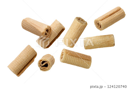 Wafer rolls flying on a white background. Isolated 124120740