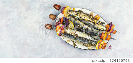 BBQ Sardines and Vegetable Kabobs. 124120798