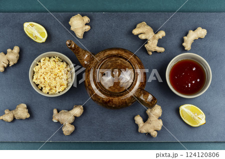 Fresh ginger lemon tea, healthy beverage. 124120806