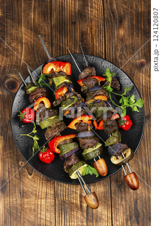 BBQ Deer Chops With Vegetable Skewers. BBQ Deer Chops With Vegetable Skewers. 124120807