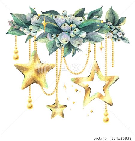 Golden New Year stars and beads hanging on beads with snowberry and sparkling stars. New Year, Christmas watercolor illustration hand drawn. Composition, sublimation, arrangement isolated 124120932