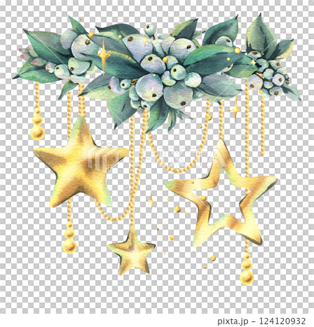 Golden New Year stars and beads hanging on beads with snowberry and sparkling stars. New Year, Christmas watercolor illustration hand drawn. Composition, sublimation, arrangement isolated 124120932