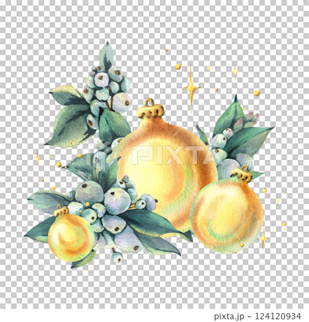 Golden glass Christmas tree balls decorated with snowberry branches and twinkling stars. New Year, Christmas watercolor illustration, hand-drawn. Composition, arrangement, sublimation isolated 124120934