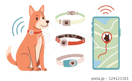 Pet GPS tracker. GPS tracking for a walking dog. A smartphone with a map shows the movement of pets. A pet tracking app. Vector flat illustration on white background. Pet GPS tracker. GPS tracking for a walking dog. A smartphone with a map shows the movement of pets. A pet tracking app. Vector flat illustration on white background. 124121161